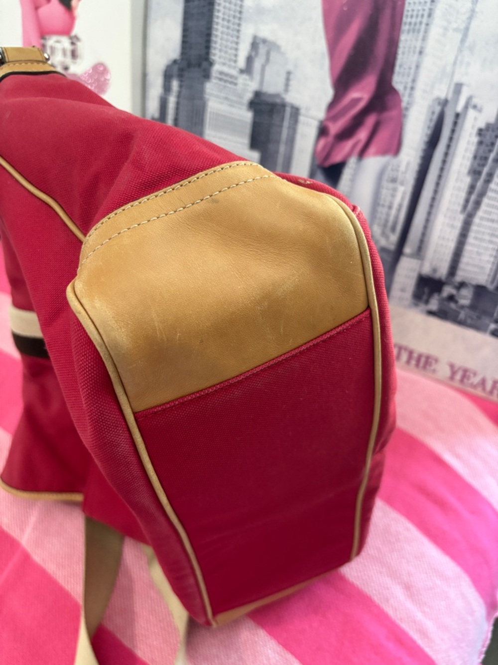 Coach Red Canvas Messenger Bag with Cream Strap and Tan Trim - Picture 11 of 12